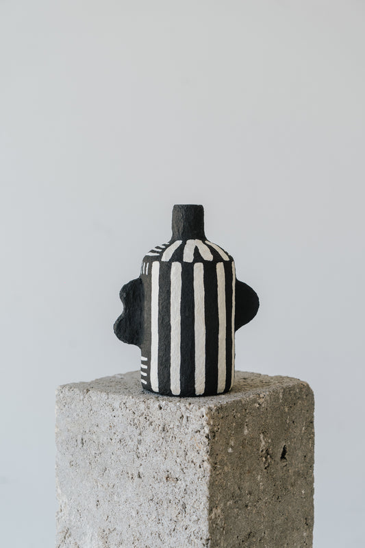 Black Vase with White Stripes